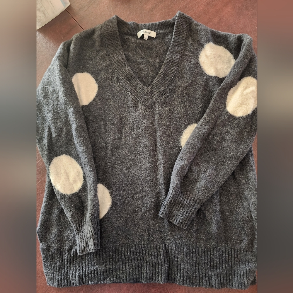 Madewell Gray Dotted Bartlett V-Neck Pullover Sweater in Coziest Yarn s EUC